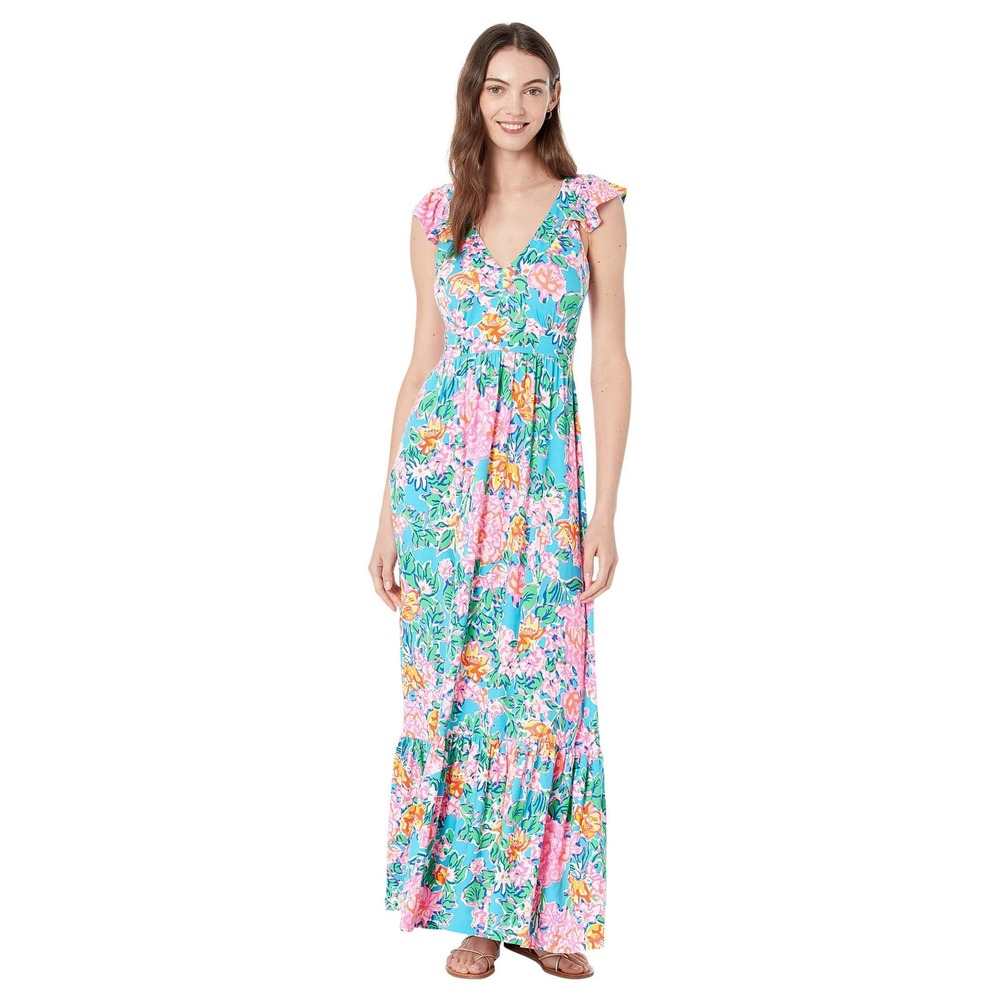 Lilly Pulitzer Vyra Maxi Dress Rose to the Occasion Floral V-Neck Ruffle sz 2